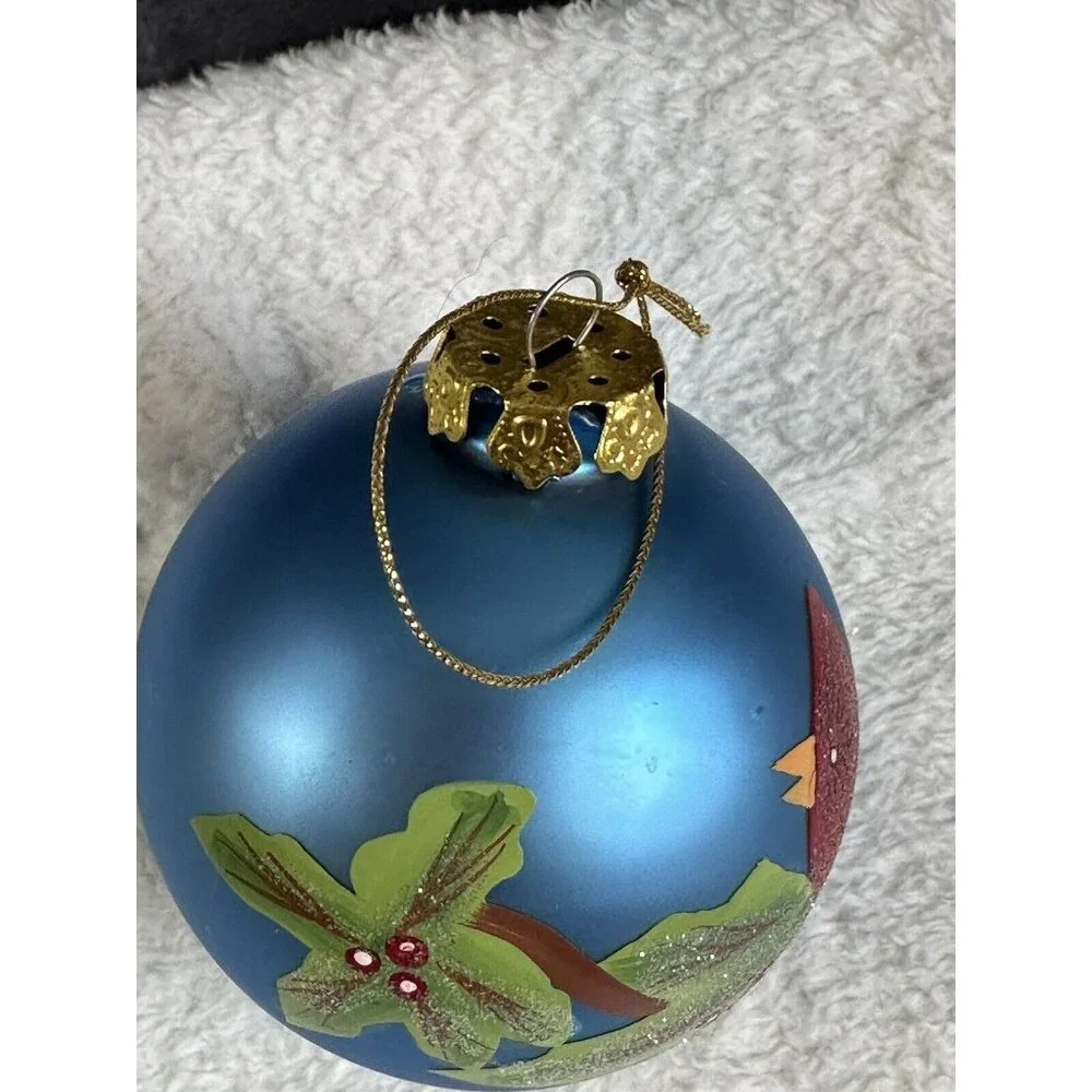 Hand‎ painted Glass Christmas Ornament Red Cardinal Holly Berries Artist Vintage
